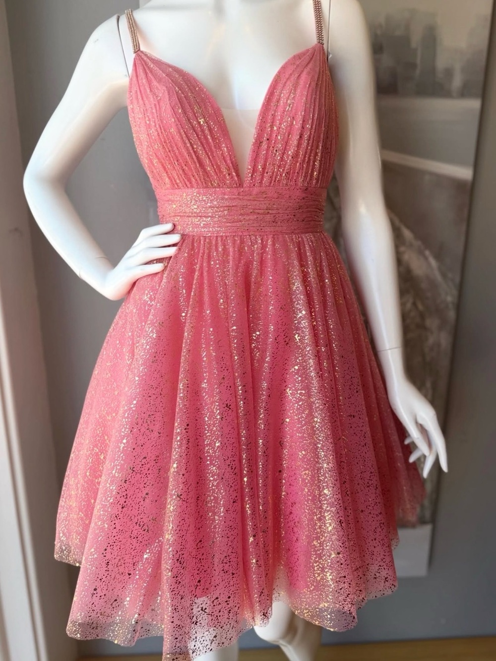 Glittering Pink Deep V Fit-and-Flare Cocktail Dress